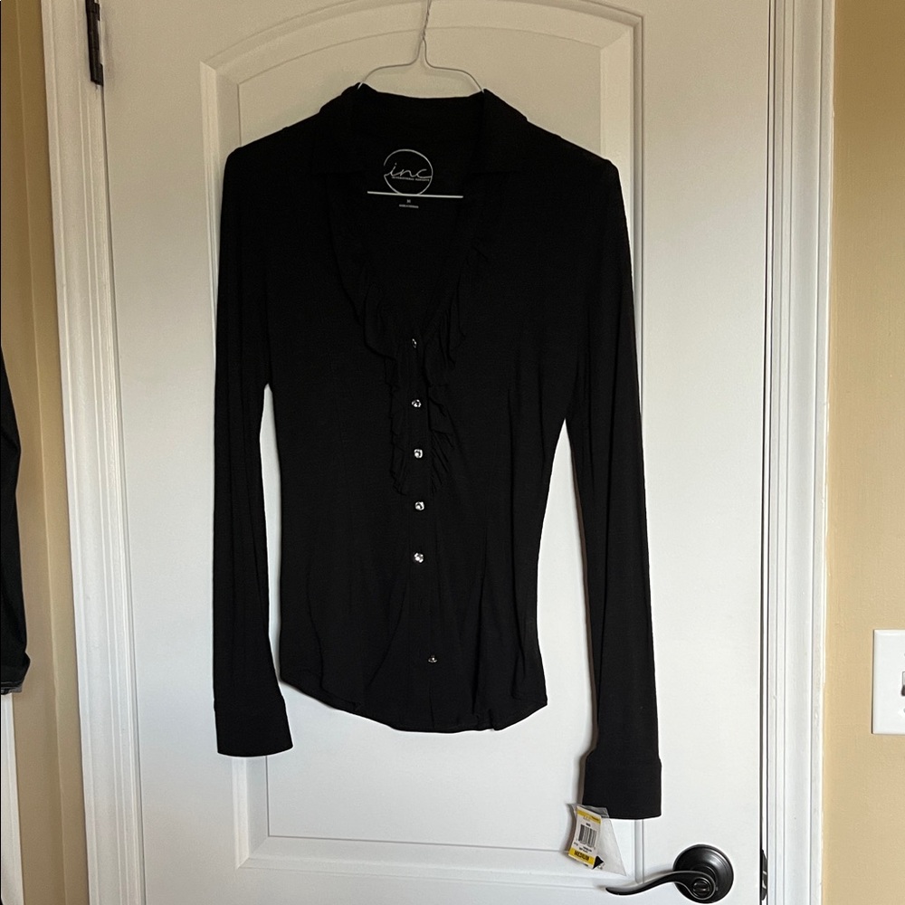 NWT Women’s INC Black Button-Down Shirt crystal buttons size Medium